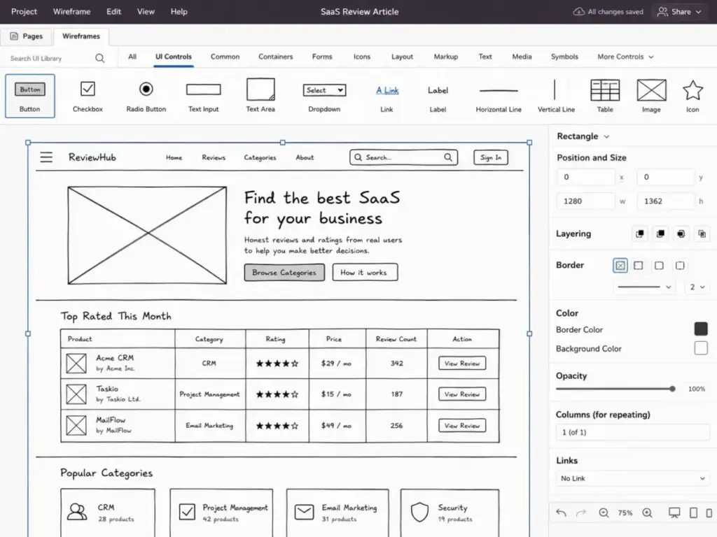 Balsamiq wireframe editor showing a sketch-style SaaS review page mockup with drag-and-drop UI controls
