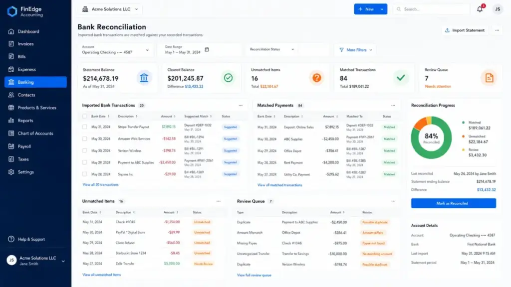 Bank reconciliation view showing imported transactions, matched payments, unmatched items, and review queue