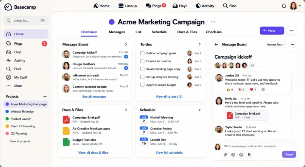 Basecamp project hub showing message board, to-dos, schedule, docs and files, Campfire chat, and automatic check-ins.