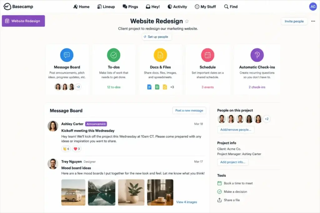 Basecamp project hub showing a Website Redesign project with message board, to-dos, docs, schedule, automatic check-ins, and team members.