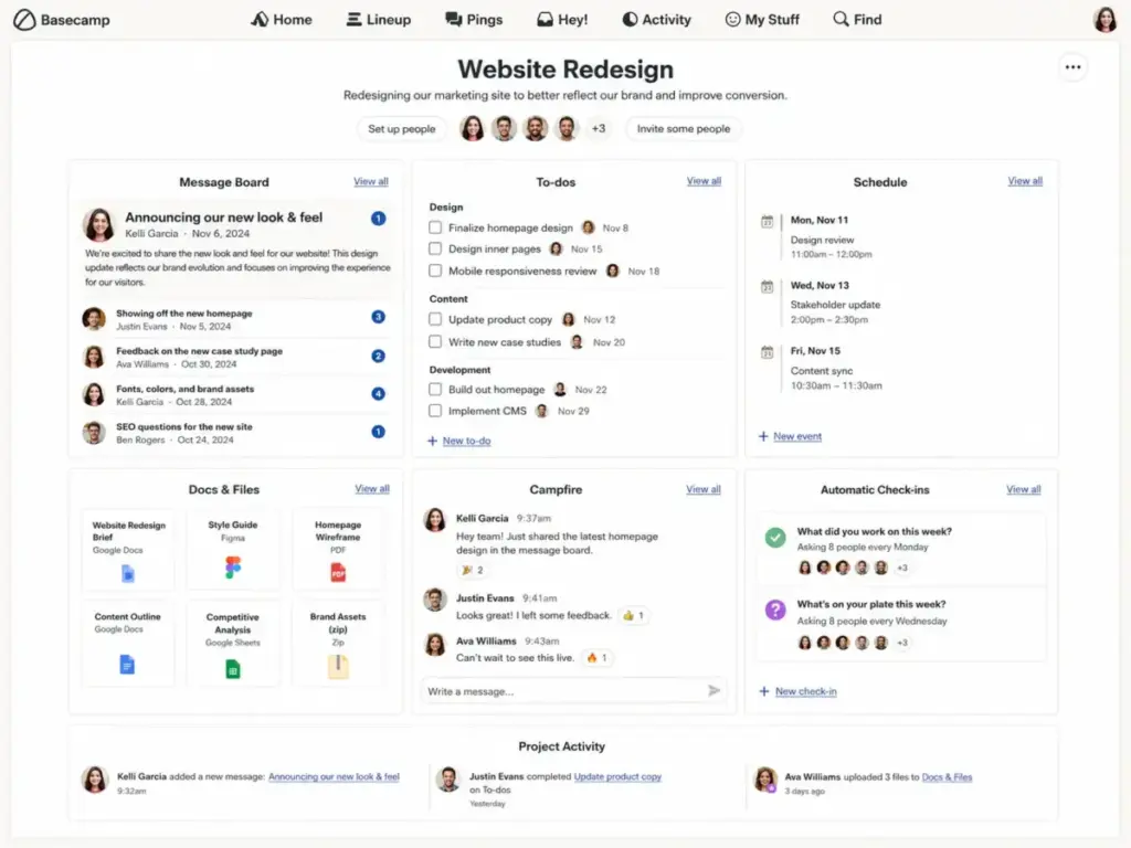 Basecamp project hub and message board showing a website redesign project with messages, to-dos, schedule, docs, files, campfire chat, check-ins, and project activity.