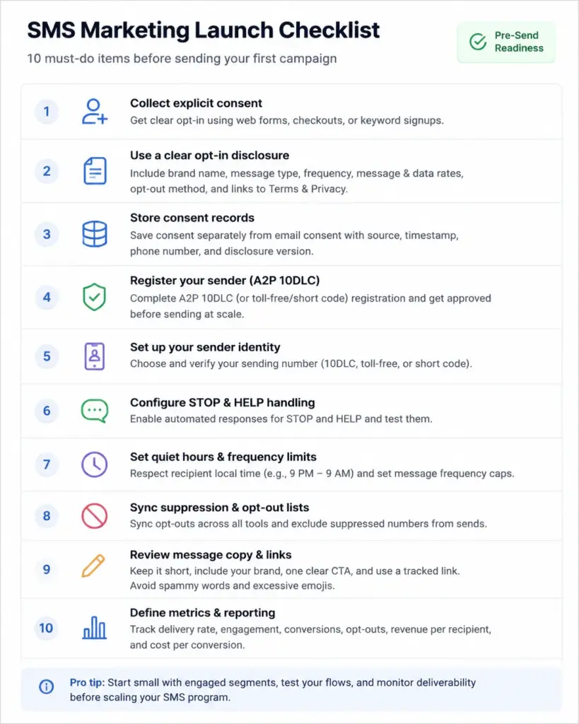 Beginner SMS marketing launch checklist with 10 pre-send items covering consent, disclosure, sender registration, STOP/HELP handling, quiet hours, suppression lists, copy review, and metrics.