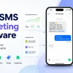 Best SMS marketing software featured image showing a smartphone with SMS chat, automation flow, campaign analytics, pricing, and integration cards.