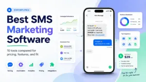 Best SMS marketing software featured image showing a smartphone with SMS chat, automation flow, campaign analytics, pricing, and integration cards.