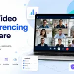 Best video conferencing software comparison graphic showing a laptop video meeting interface with screen sharing, team chat, scheduling, HD video, recording, and secure meeting features.