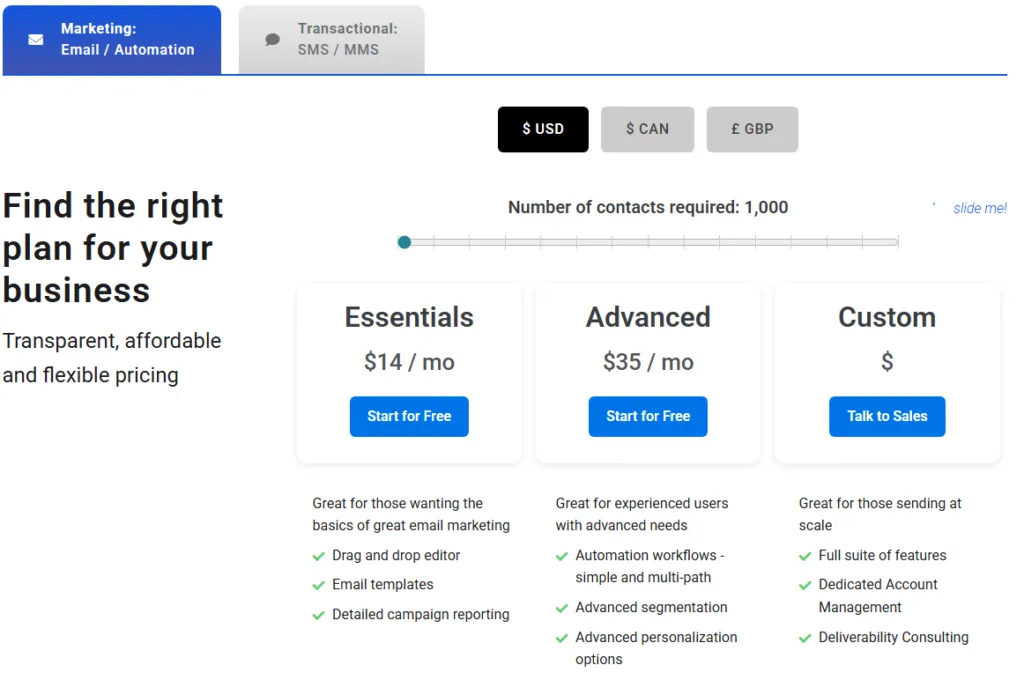 Campaigner pricing plans comparison for Essentials, Advanced, and Custom email marketing plans