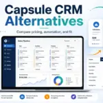 Capsule CRM Alternatives featured image showing CRM comparison cards, pricing, automation, reporting, migration, and a sales pipeline dashboard.