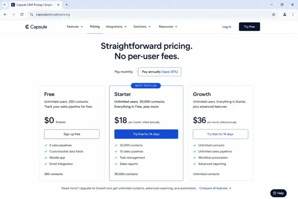 Capsule CRM pricing page showing Free, Starter, and Growth plans with contact limits and annual billing