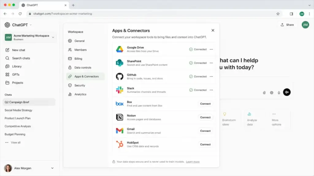 ChatGPT Apps and Connectors menu showing business integrations such as Google Drive, SharePoint, GitHub, Slack, Box, Notion, Gmail, and HubSpot.