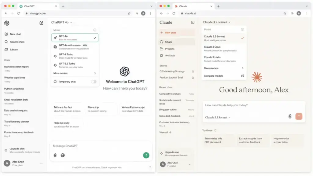 ChatGPT and Claude home screens side by side with model picker dropdowns visible.