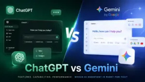 ChatGPT vs Gemini featured image showing a split-screen AI assistant comparison with ChatGPT interface elements, Gemini interface elements, and a central VS divider.
