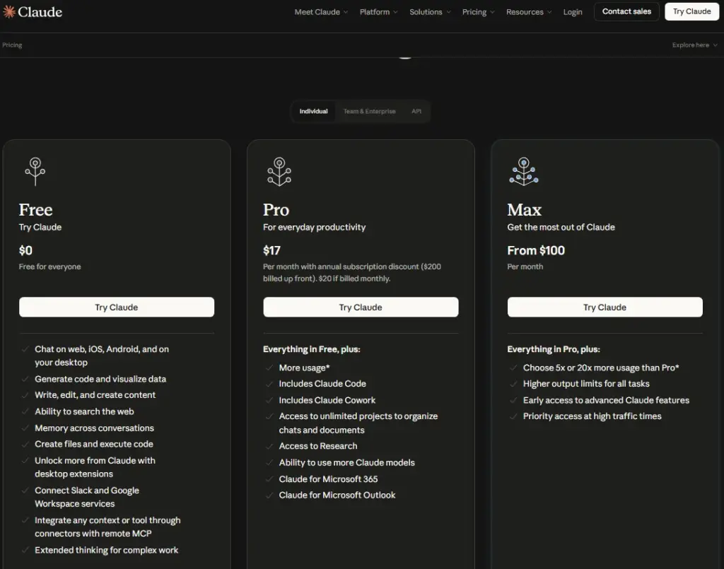 Claude pricing page showing Free, Pro, and Max individual plans