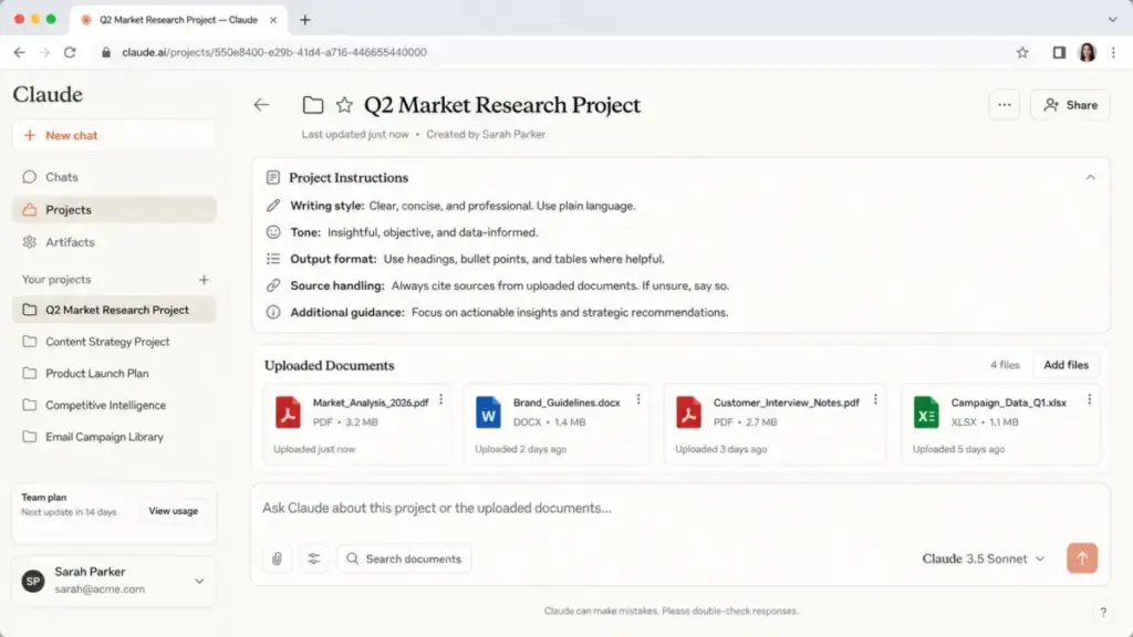 Claude Projects workspace showing project instructions, uploaded PDF, DOCX, and XLSX documents, and a project chat input.