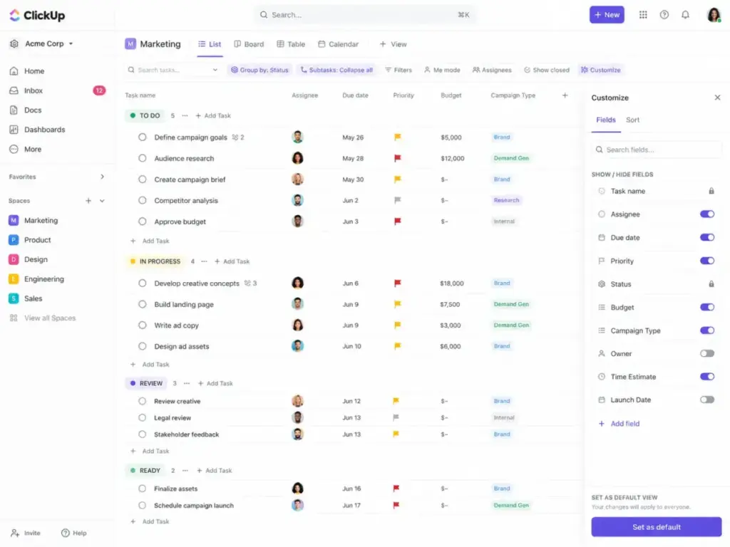 ClickUp workspace customization screen showing custom fields, task statuses, budgets, assignees, and a field visibility panel.