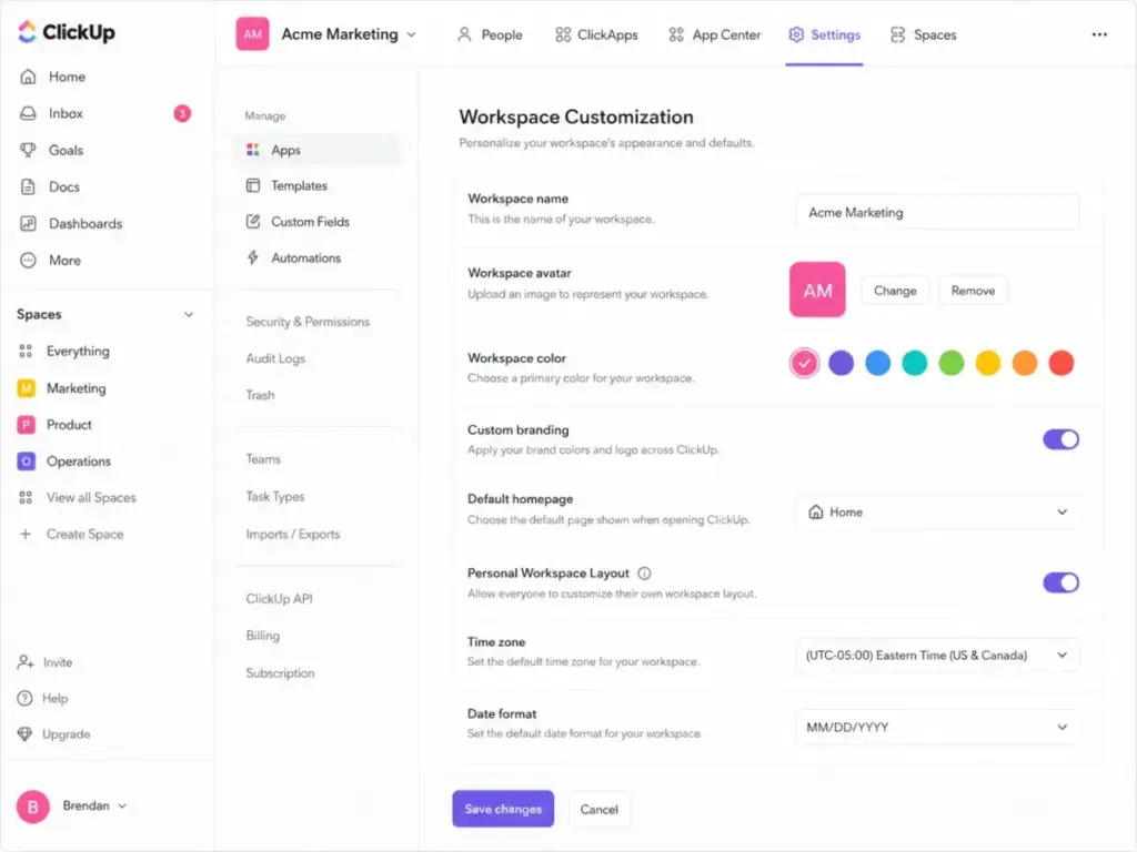 ClickUp workspace customization settings screen showing workspace name, avatar, branding, theme color, layout, time zone, and date format options.