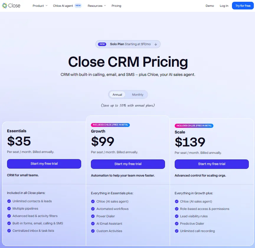 Close CRM pricing page showing annual plans for Essentials, Growth, and Scale with Solo plan banner.