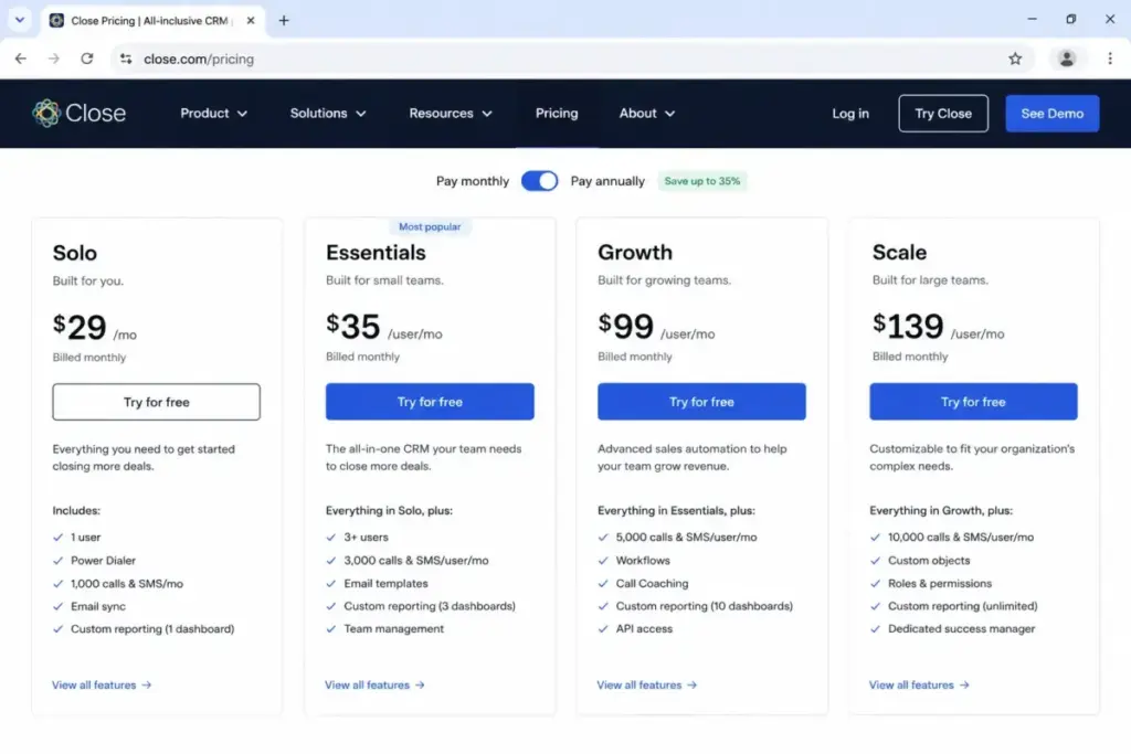 Close CRM pricing page showing Solo, Essentials, Growth, and Scale plan cards with monthly billing and sales communication features