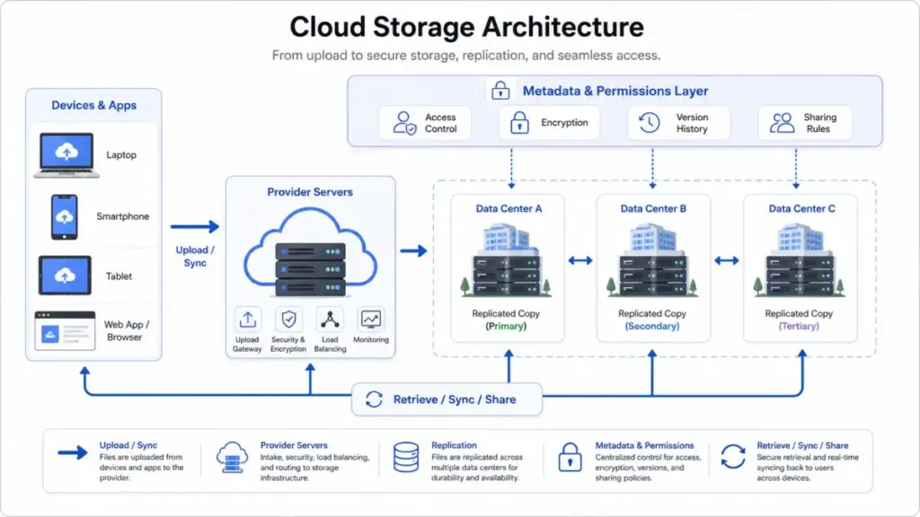 Cloud storage architecture diagram showing devices uploading files to provider servers, replication across data centers, metadata permissions, and retrieval paths.