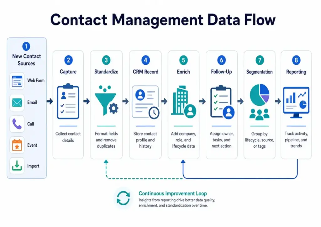 Contact management data flow diagram showing new contact sources moving through capture, standardization, CRM record creation, enrichment, follow-up, segmentation, and reporting.