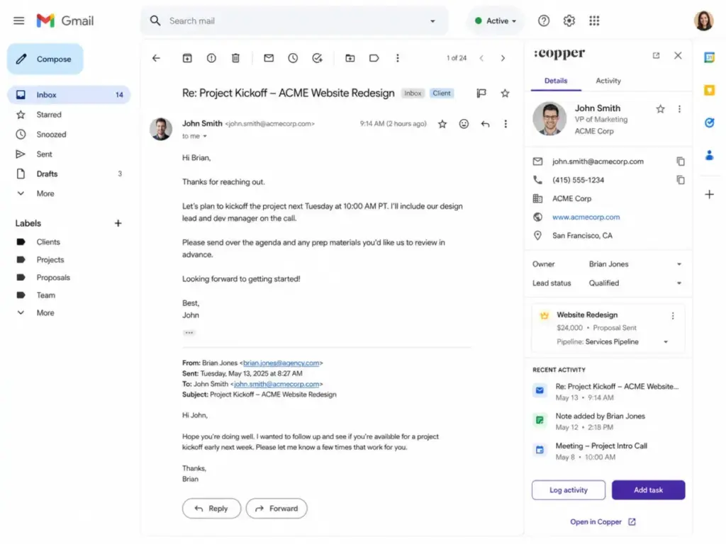 Copper CRM sidebar inside Gmail showing contact details, lead status, opportunity information, recent activity, and task controls.