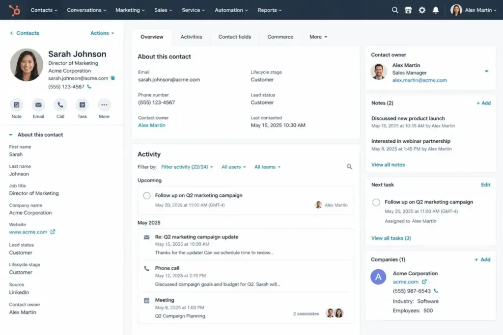 CRM contact record screenshot showing contact fields, activity history, owner assignment, notes, and next task in a customer profile.