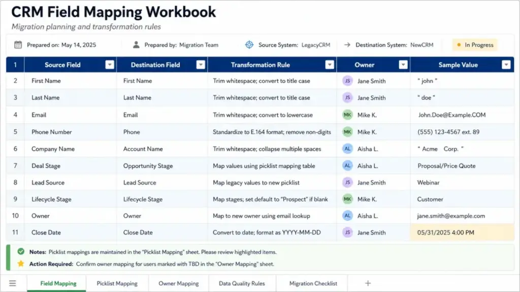 CRM field mapping workbook showing source field, destination field, transformation rule, owner, and sample value columns in a migration planning spreadsheet.