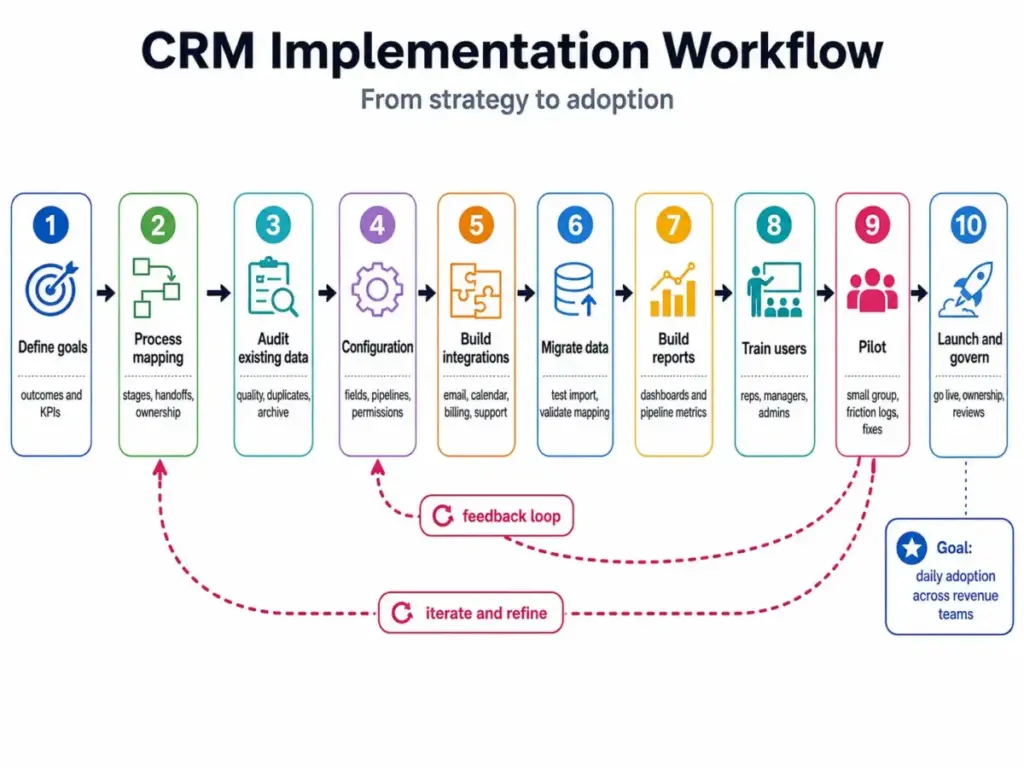 CRM implementation workflow diagram showing 10 rollout phases from strategy, process mapping, and data migration to pilot testing, launch, and adoption.