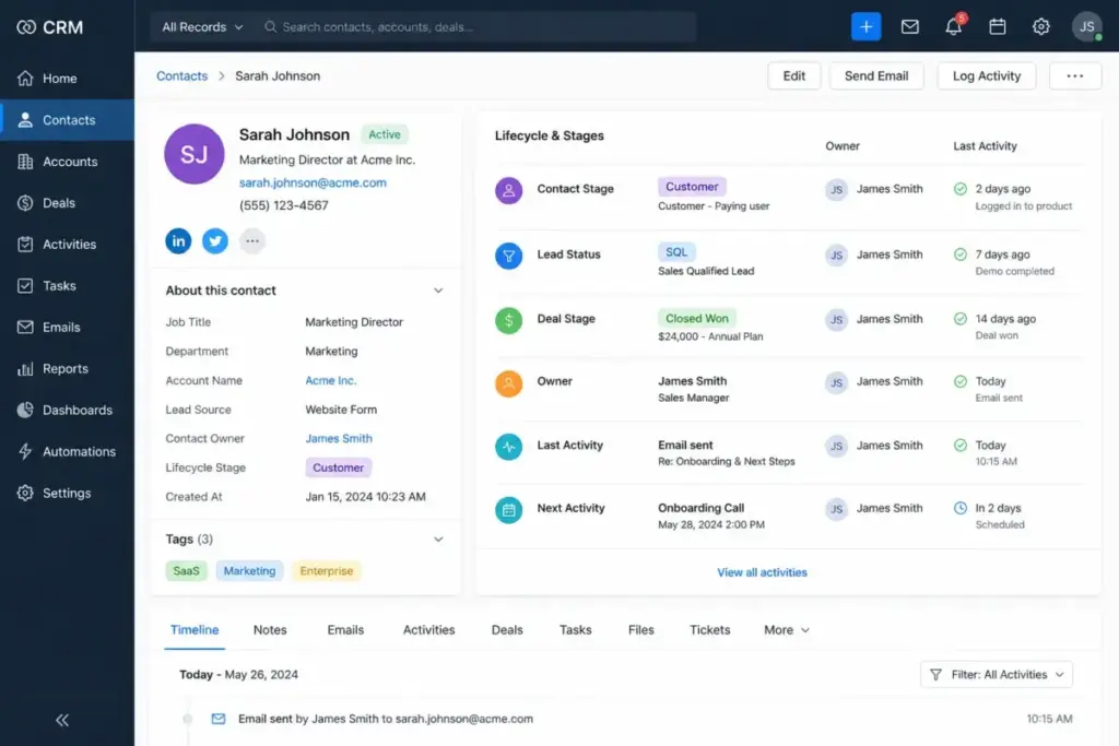 CRM contact record showing lifecycle stage, contact stage, lead status, deal stage, owner, last activity, and recent customer interactions.