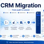 CRM migration featured image showing legacy systems, data cleanup, field mapping, validation, cutover, and a new CRM dashboard.