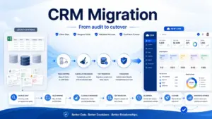 CRM migration featured image showing legacy systems, data cleanup, field mapping, validation, cutover, and a new CRM dashboard.