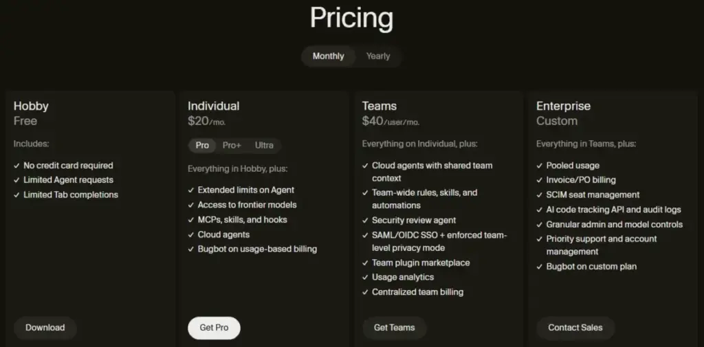 Cursor pricing page showing Hobby, Individual, Teams, and Enterprise plans