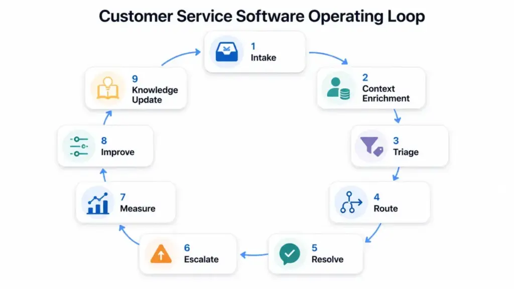 Customer service software operating loop showing intake, context enrichment, triage, routing, resolution, escalation, measurement, improvement, and knowledge updates.