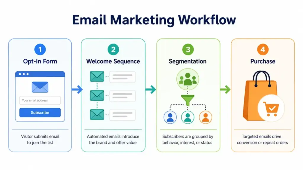 Email marketing workflow diagram showing opt-in form, welcome sequence, segmentation, and purchase stages.