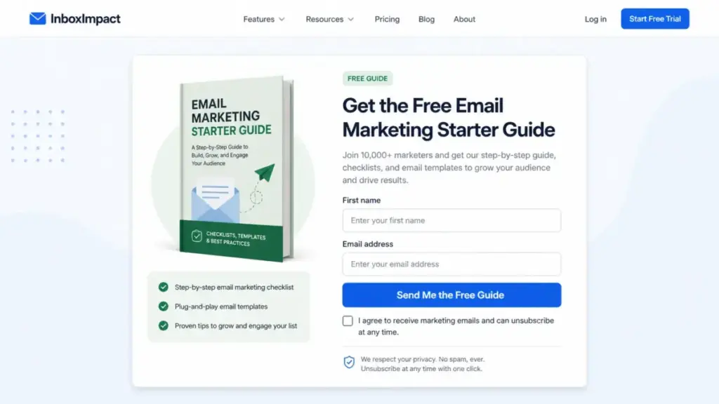 Example email opt-in form with a free lead magnet, name and email fields, signup button, and consent checkbox.