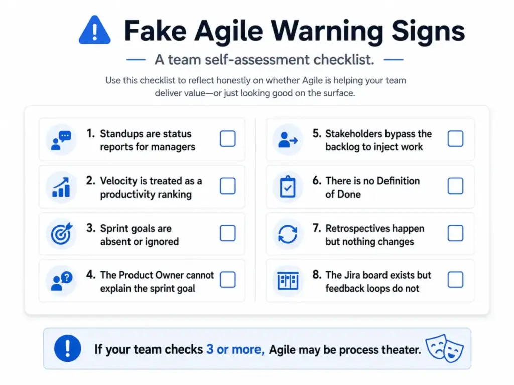 Fake Agile warning signs checklist showing standups as status reports, velocity ranking, ignored sprint goals, backlog bypassing, missing Definition of Done, and ineffective retrospectives.