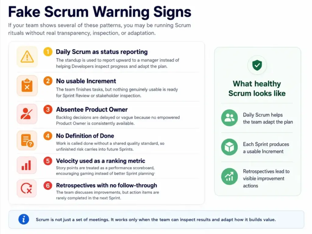 Checklist of fake Scrum warning signs including Daily Scrum as status reporting, no usable Increment, absentee Product Owner, no Definition of Done, velocity used as a ranking metric, and retrospectives with no follow-through.