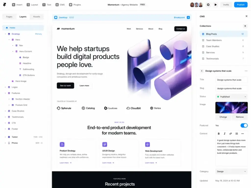 Framer design canvas showing a live website preview with the CMS panel open for editing blog post content