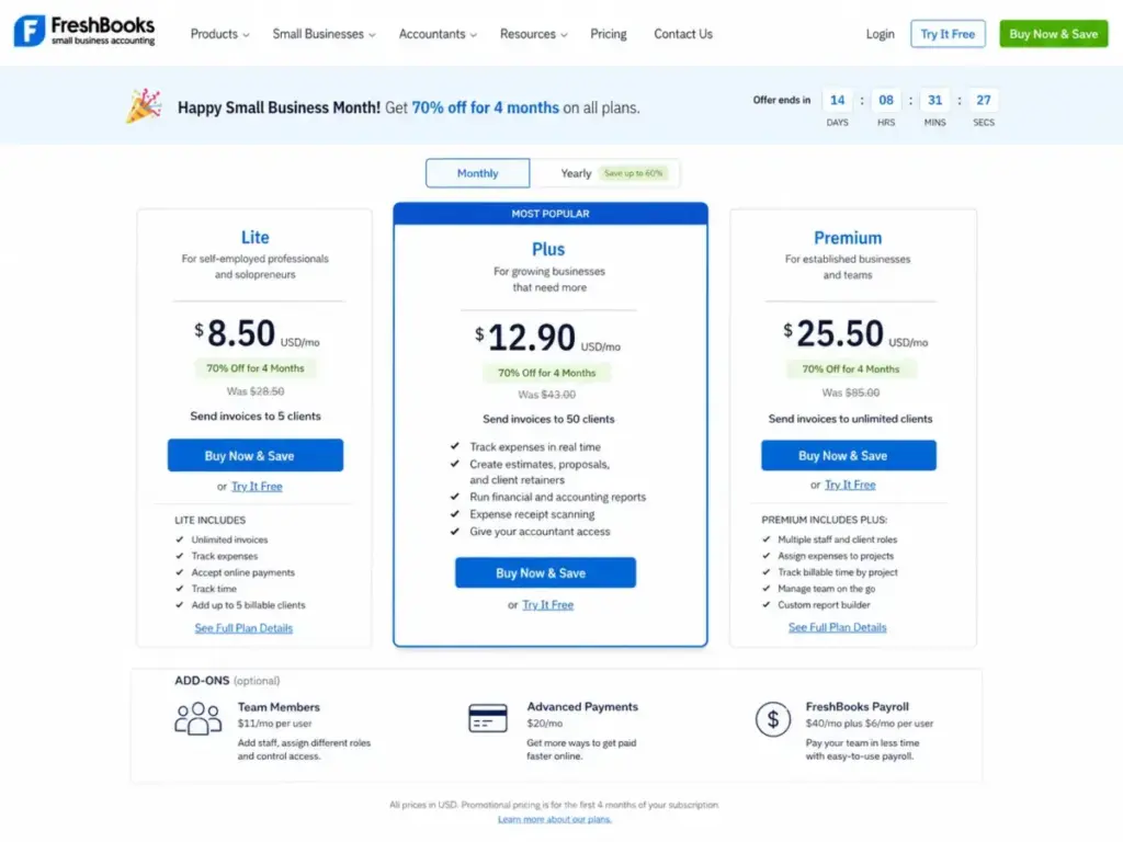 FreshBooks pricing page showing Lite, Plus, and Premium plans with promotional prices, regular prices, Plus plan features, and add-on costs.