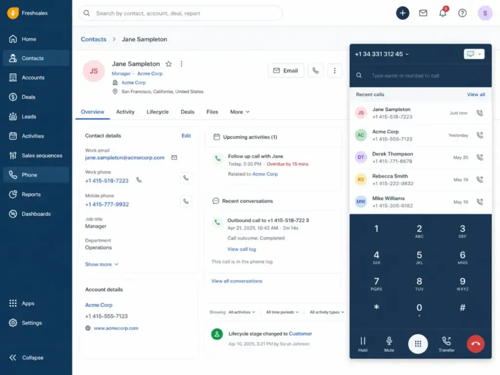 Freshsales dashboard showing a contact record with built-in phone dialer, recent calls, activities, and CRM contact details.