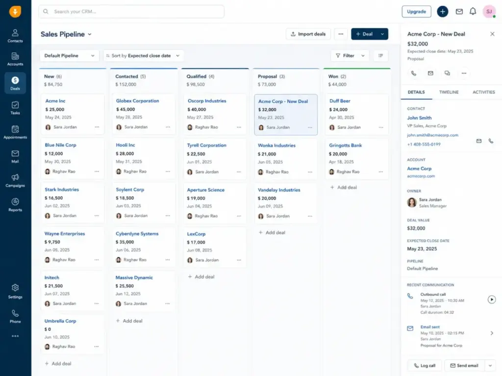 Freshsales Kanban sales pipeline showing deal cards, deal stages, built-in phone, email actions, and selected deal details.