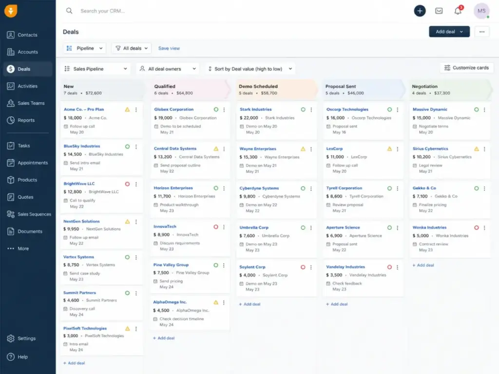 Freshsales CRM Kanban pipeline view showing deals organized by sales stage