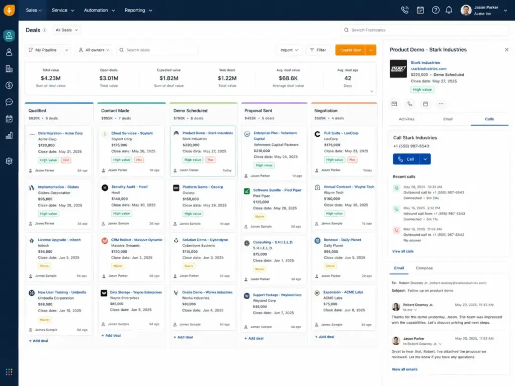 Freshsales pipeline Kanban view showing deal stages, built-in phone calls, recent call history, and integrated email thread.