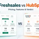 Freshsales vs HubSpot comparison image showing pricing cards, CRM plan tiers, and a central versus badge.