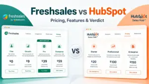 Freshsales vs HubSpot comparison image showing pricing cards, CRM plan tiers, and a central versus badge.