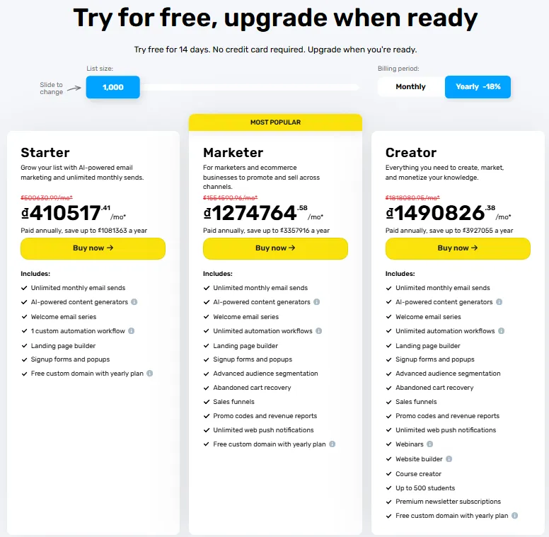 GetResponse pricing plans comparison for Starter, Marketer, and Creator plans