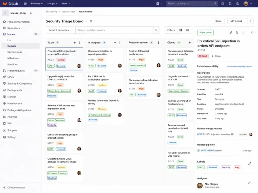 GitLab issue board showing security vulnerability tasks with severity labels, SAST tags, linked merge request, related pipeline, and assignee details.