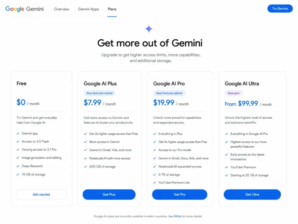 Google AI plans pricing page showing Free, AI Plus, AI Pro, and AI Ultra tiers for Gemini.