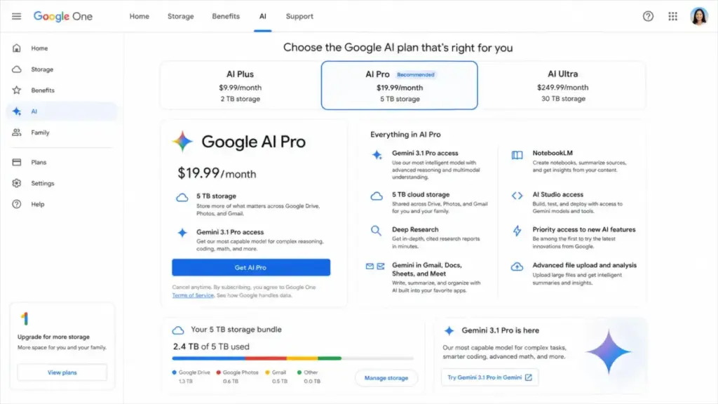 Google AI Pro plan page showing $19.99/month pricing, 5 TB storage bundle, Gemini 3.1 Pro access, NotebookLM, AI Studio, and Google app integrations.
