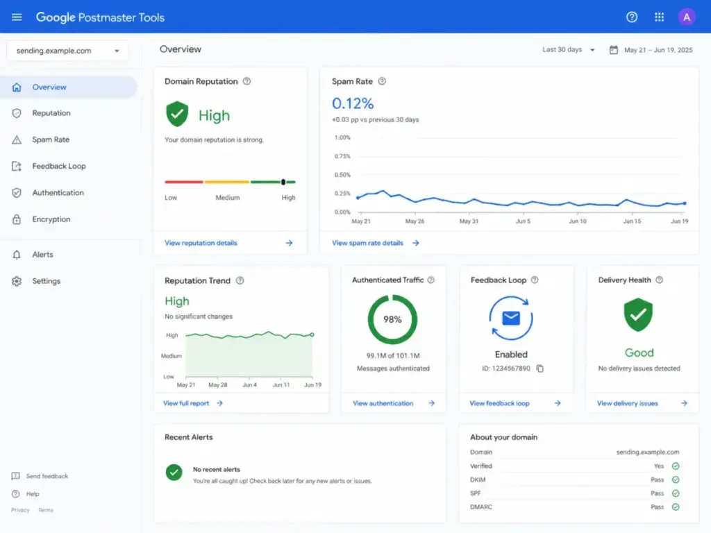 Google Postmaster Tools dashboard showing domain reputation, spam rate trends, authenticated traffic, feedback loop status, and delivery health.