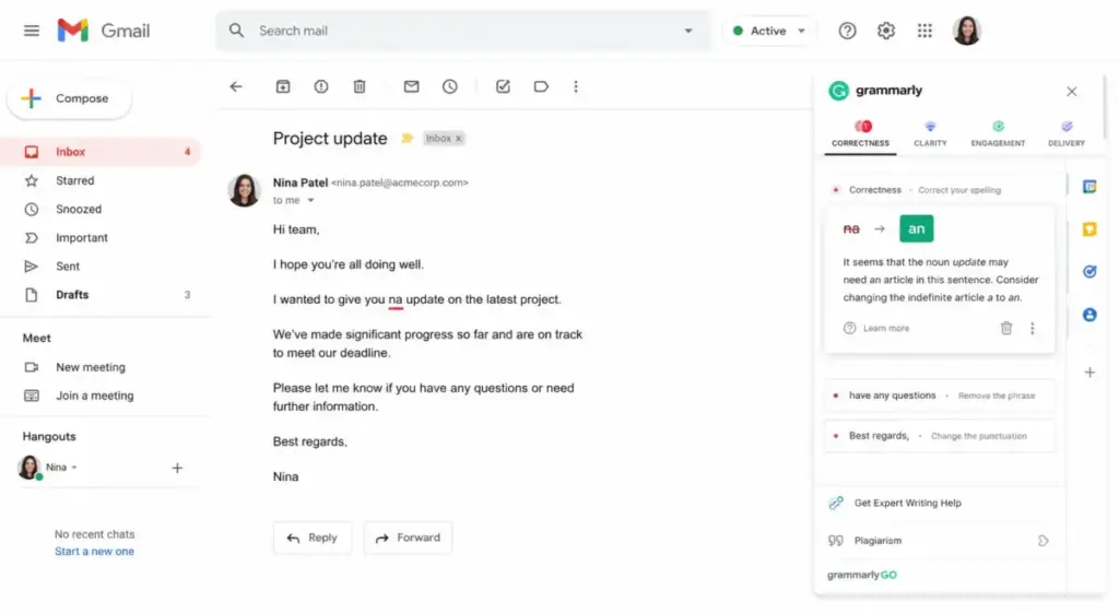 Grammarly browser extension showing real-time grammar corrections inside a Gmail message.